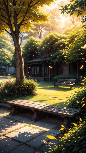 (Masterpiece, ultra detailed, hyper quality, best result), ,bench in the middle of the park, close up, sun , , leafs falling ,High detailed ,firefliesfireflies,(best quality