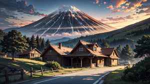 (, Masterpiece, hyper detailed,), hdr shot of a house close to road through volcano close to battlefield, detailed anime style. ,photorealistic