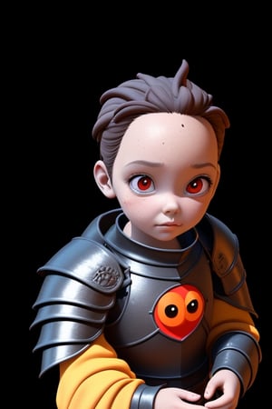 Little girl, 3 years old, wearing black armor, big red eyes, forehead, in the dark, 3D art, clay materials, Pixar style