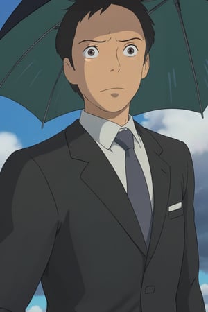 1man, close up, handsome, slim body, wearing black suit, tie, Briefcase, detailed, perfectly detailed face, proportional, bad weather 


Studio Ghibli style, StdGBRedmAF,comic book,ghibli