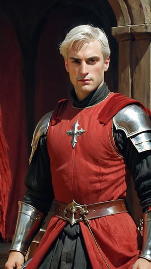 ((The Red Knight)) an evil scarred face handsome knight man, crooked nose, pale skin, albino, and grey hair, slick back hair, red cloth and black plate armor, scars, burnt face, (((Hemokinesis))), blood bender, splash of red water and blood, spanish man, catalan prince, young, alpha male, hot, masculine, manly, dark fantasy, 80s fantasy, high fantasy, red armor, blood, renaissance painting, facing front, defined jawline, in a battlefield, scruffy face, sinister, scary,Rafael Alencar

8k, cinematic lighting, very dramatic, very artistic, soft aesthetic, innocent, art by john singer sargent, greg rutkowski, oil painting,BloodPunkAI