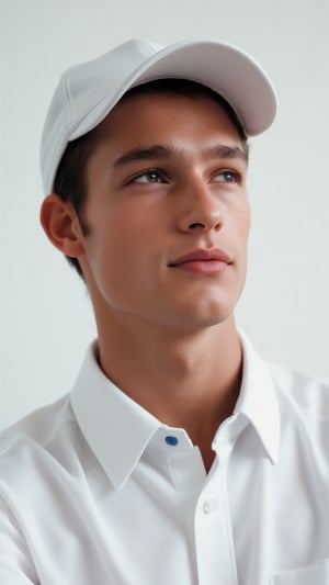 a photorealistic close-up shot of a young man's face is visible from a low angle. He is dressed in a white tennis button-down collared shirt, adorned with a white collar and a white visor cap. The shirt has a blue accent adding a pop of color to the scene. He is looking elsewhere, striking a pose like a supermodel. The backdrop is a stark white wall, creating a stark contrast to the man's head and neck. The detailed, realistic lighting accentuates his chiseled features, giving off hot vibes as he exudes confidence. The fashion image is reminisce of those magazine from the 1990s that photographed by Steven Miesel. Calvin Klein campaign ad.