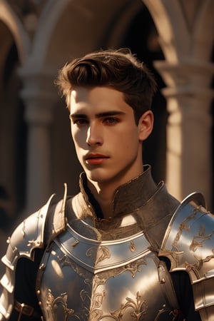 ((white knight)), a handsome man in a High Gothic silver metal plate armor in a beautiful ornemental, (((marlon teixera))), ethereal, holy, shiny, youthful, pale skin, short black hair with bangs, thick eyebrows, soft, mythology, medieval, fantasy, young, alpha male, hot, masculine, manly, dark fantasy, 80s fantasy, high fantasy, white armor, defined jawline, crooked nose, hot, outdoors (in a grassland filled with roses and ruins), medieval armor, art by wlop, handsome male, facing in front (portrait close-up), renaissance painting, realistic, photorealistic, 8k, cinematic lighting, hades armor, very dramatic, European man, soft aesthetic, innocent, art by john singer sargent, greg rutkowski, handsome Italian,medieval armor