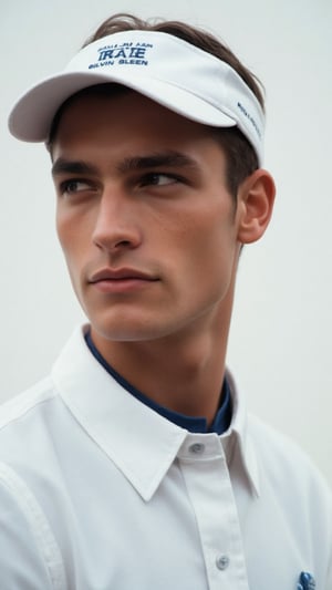 a photorealistic close-up shot of a young man's face is visible from a low angle. He is dressed in a white tennis button-down collared shirt, adorned with a white collar and a white visor cap. The shirt has a blue accent adding a pop of color to the scene. He is looking elsewhere, striking a pose like a supermodel. The backdrop is a stark white wall, creating a stark contrast to the man's head and neck. The detailed, realistic lighting accentuates his chiseled features, giving off hot vibes as he exudes confidence. The fashion image is reminisce of those magazine from the 1990s that photographed by Steven Miesel. Calvin Klein campaign ad.