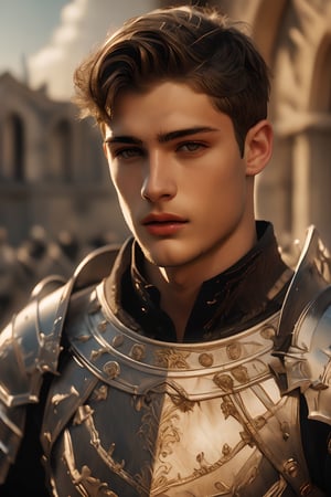 ((white knight)), a handsome man in a High Gothic silver metal plate armor in a beautiful ornemental, (((chico lachowski))), ethereal, holy, shiny, youthful, pale skin, short black hair with bangs, thick eyebrows, soft, mythology, medieval, fantasy, young, alpha male, hot, masculine, manly, dark fantasy, 80s fantasy, high fantasy, white armor, defined jawline, crooked nose, hot, outdoors (in a grassland filled with roses and ruins), medieval armor, art by wlop, handsome male, facing in front (portrait close-up), renaissance painting, realistic, photorealistic, 8k, cinematic lighting, hades armor, very dramatic, European man, soft aesthetic, innocent, art by john singer sargent, greg rutkowski, handsome Italian,medieval armor