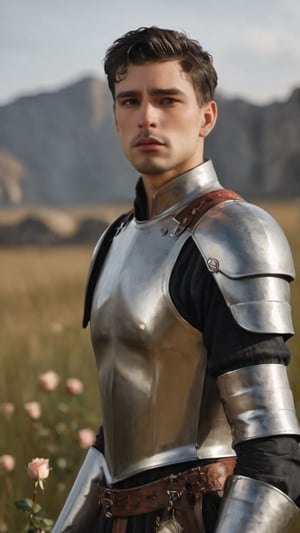 ((white knight)), a handsome man in a High Gothic silver metal plate armor in a beautiful ornemental, ((True Silver)), (((marlon teixera))), short black hair with bangs, outdoors (in a grassland filled with roses and ruins), ethereal, white aura, shiny, youthful, pale skin, thick eyebrows, soft, mythology, medieval, fantasy, young, alpha male, hot, masculine, manly, dark fantasy, 80s fantasy, high fantasy, white armor, defined jawline, crooked nose, hot, , medieval armor, art by wlop, handsome male, facing in front (portrait close-up), renaissance painting, hades armor

8k, cinematic lighting, very dramatic, very artistic, soft aesthetic, innocent, art by john singer sargent, greg rutkowski, oil painting, Camera settings to capture such a vibrant and detailed image would likely include: Canon EOS 5D Mark IV, Lens: 85mm f/1.8, f/4.0, ISO 100, 1/500 sec