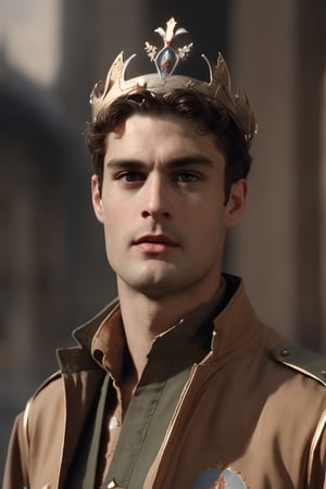 ((commander)) a young handsome prince wearing military royal outfit with armor, wearing a jeweled crown, ((sean o pry)), outdoors (dark age, war setting, kingdom village), medieval hero, regal style coat, (royal commander attire:0.4), royalty, victorean era, ethereal, manly, hairy, chest hair, youthful, stubble, 18 years old, envious, shiny, heroic, pale skin, defined jawline, crooked nose, hot, captain, lustful, masculine, mythology, medieval, fantasy, young, alpha male, handsome male, high fantasy, art by wlop, facing in front (portrait close-up), renaissance painting, masterpiece, realistic, photorealistic, 8k, cinematic lighting, very dramatic, very artistic, soft aesthetic, innocent, art by john singer sargent, greg rutkowski,Masterpiece