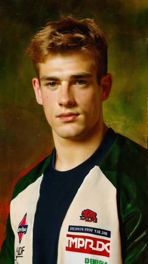 score_9, score_8_up, score_7_up, score_6_up, score_5_up, score_4_up, realistic, GQ, 8K image: 
painting,handsome, bleached hair, spikey hair, y2k fashion, peircing, bully, jock, varsity, Max Verstappen, mike faist, clean shaved, yearbook photo, dsquared, sean 'opry, hot, defined jawline, male model, Gen Z, soft lighting, skater boy, cool, senior highscool, thick eyebrows, hot, david gimeno, 2000s, graphic tee,
Oil painting art by John Singer Sargent, Greg Rutkowski, Edmund Blair Leighton, or Wlop would bring this stunning image to life.