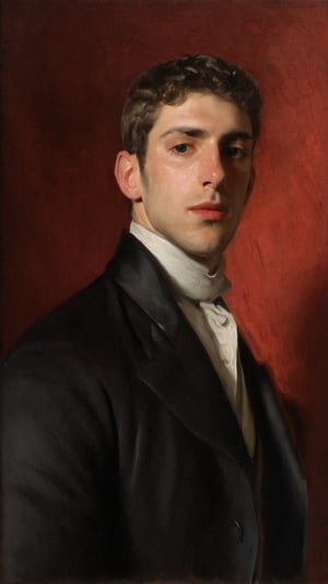 score_9, score_8_up, score_7_up, score_6_up, score_5_up, score_4_up, GQ, 8K image:

James Norton. an neoclassical painting portrait of a young Italian handsome man with a strong, confident demeanor. He has neatly styled dark hair that is slightly swept back, framing his angular face. His expression is serious yet approachable, with a hint of curiosity in his eyes. Regency era from the 19th Century. The image has harsh strokes on the old canvas imitating the paintings from that era.

He is dressed in a classic aristocrat formal outfit, featuring a tailored black coat that fits snugly across his shoulders and torso. Underneath, he wears a crisp white shirt with a high, structured collar that stands up prominently, giving the ensemble an air of sophistication. The collar is stark against the dark fabric of the coat and adds an element of elegance to his appearance.

The young man is positioned slightly to the side, with his head turned to face the viewer, showcasing a profile that highlights his sideburn, strong jawline and refined features. He rests one hand on the arm of a richly carved wooden chair, suggesting a relaxed confidence.

The background is a warm, muted red that contrasts with his dark clothing, drawing focus to his face and attire. The lighting is dark and harsh, subtly illuminating his features and casting harsh shadows that enhance the depth of the portrait.

Pay close attention to the details of his clothing, the expression in his eyes, and the overall classic elegance of the composition, capturing a moment of dignified presence and introspection.
Oil painting art by John Singer Sargent, Greg Rutkowski, or Wlop would bring this stunning image to life.