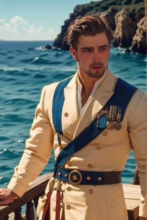 a hispanic young handsome prince wearing spanish royal outfit with red waist cloth belt, conquistador, regal style coat, (traditional spanish attire:0.4), royalty, nautical, ethereal, manly, hairy, chest hair, youthful, clean-shaved, 18 years old, envious, shiny, heroic, Brown hair, tanned skin, defined jawline, crooked nose, hot, sea captain, lustful, masculine, spanish, portuguese, mythology, medieval, fantasy, young, alpha male, handsome male, high fantasy, art by wlop, facing in front (portrait close-up), renaissance painting, chiaroscuro, masterpiece, realistic, photorealistic, 8k, cinematic lighting, very dramatic, very artistic, soft aesthetic, innocent, outdoors (spanish coast, spanish village, sea with ships), art by john singer sargent, greg rutkowski, oil painting,handsome Italian,luca