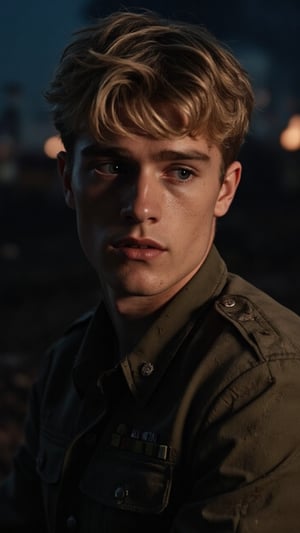 A cinematic film shot of a young man in a 1940s military-style uniform, set against a dark, in a scary battlefield. The man has blonde hair, blue eyes, skin and freckles. He is covered in dirt, grime, and sweat after all the horrors of war. The lighting should be dim and moody, with a soft, golden glow that highlights the subtle details of his dirty face and uniform. His expression is scared and horrified, with his gaze focused somewhere else, creating a serious and darkest mood find in a historic movies. The background should be out of focus, hinting at a no man's land warzone with smoke and fire in the background, adding depth to the setting while keeping attention on the character.