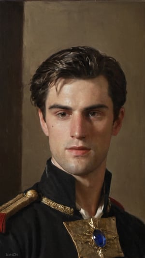 a young handsome prince wearing military royal outfit with armor, wearing a jeweled gem crown, ((sean o pry)), outdoors (dark age, war setting, kingdom village), medieval hero, regal style coat, (royal commander attire:0.4), royalty, victorean era, ethereal, manly, hairy, chest hair, youthful, stubble, 18 years old, envious, shiny, heroic, pale skin, defined jawline, crooked nose, hot, captain, lustful, masculine, mythology, medieval, fantasy, young, alpha male, handsome male, high fantasy, art by wlop, facing in front (portrait close-up), renaissance painting, masterpiece

8k, cinematic lighting, very dramatic, very artistic, soft aesthetic, innocent, art by john singer sargent, greg rutkowski, oil painting, Camera settings to capture such a vibrant and detailed image would likely include: Canon EOS 5D Mark IV, Lens: 85mm f/1.8, f/4.0, ISO 100, 1/500 sec