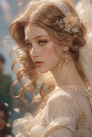 Ethereal Goddess of Beauty: long white wavy dress with nature and soft ornaments, fairly showing its beautiful skin. Pale skin, blushed cheeks, natural face, mythology, medieval, fantasy, young, pretty woman, high fantasy, art by wlop, facing in front (portrait close-up), renaissance painting, realistic, photorealistic, 8k, cinematic lighting, very dramatic, soft aesthetic, innocent