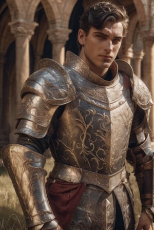 white knight: a handsome man in a High Gothic plate metal armor in a beautiful ornemental, ethereal, holy, shiny, youthful, pale skin, short black hair, thick eyebrows, soft, mythology, medieval, fantasy, young, alpha male, hot, masculine, manly, dark fantasy, 80s fantasy, high fantasy, white armor, defined jawline, hot, outdoors (grassland ruins), medieval armor, art by wlop, handsome male, facing in front (portrait close-up), renaissance painting, realistic, photorealistic, 8k, cinematic lighting, hades armor, very dramatic, European man, soft aesthetic