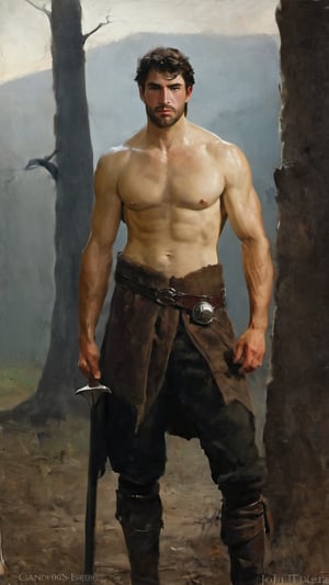 a burly young handsome hunter, blacksmith, farmer, huntsman, dark age, (((marlon teixera))), peasant, short brown hair, outdoors (forest), ethereal, shiny, youthful, dirty, caucasian, battle axe, facial hair, face scars, thick eyebrows, soft, mythology, medieval, fantasy, young, alpha male, battle axe, hot, masculine, manly, dark fantasy, 80s fantasy, high fantasy, rag clothes, rust metal armor, defined jawline, crooked nose, hot, hairy, medieval armor, art by wlop, handsome male, facing in front, portrait close-up, renaissance painting, game of thrones, skyrim, elder scrolls, GQ, breton, Imperial

8k, cinematic lighting, very dramatic, very artistic, soft aesthetic, innocent, art by john singer sargent, greg rutkowski, oil painting, Camera settings to capture such a vibrant and detailed image would likely include: Canon EOS 5D Mark IV, Lens: 85mm f/1.8, f/4.0, ISO 100, 1/500 sec,hdsrmr