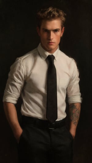 A painting depicting a dashing young cute business intern. This 20-years old guy has y2k flair, his striking blonde spikey punk hair framing his chiseled youthful features and thick eyebrows. A white fitted shirt and black tie adorn his toned physique, while colorful rockstar tattoos peek out from beneath the collar. He is a male model, which he have a charismatic aura. The dark background and shadows suggest simplicity and understated confidence, while the realism in the portrait highlights the artist's attention to detail, focusing on texture, shadow, and light. The soft brushwork and dark color palette give it a classic, yet contemporary feel. Oil painting art by John Singer Sargent, Greg Rutkowski, Edmund Blair Leighton, or Wlop would bring this stunning image to life.