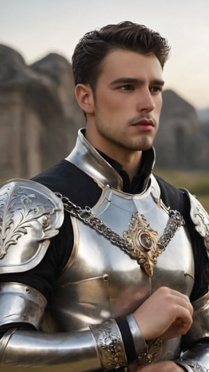 ((white knight)), a handsome man in a High Gothic silver metal plate armor in a beautiful ornemental, ((True Silver)), (((marlon teixera))), short black hair with bangs, outdoors (in a grassland filled with roses and ruins), ethereal, white aura, shiny, youthful, pale skin, thick eyebrows, soft, mythology, medieval, fantasy, young, alpha male, hot, masculine, manly, dark fantasy, 80s fantasy, high fantasy, white armor, defined jawline, crooked nose, hot, , medieval armor, art by wlop, handsome male, facing in front (portrait close-up), renaissance painting, hades armor

8k, cinematic lighting, very dramatic, very artistic, soft aesthetic, innocent, art by john singer sargent, greg rutkowski, oil painting, Camera settings to capture such a vibrant and detailed image would likely include: Canon EOS 5D Mark IV, Lens: 85mm f/1.8, f/4.0, ISO 100, 1/500 sec