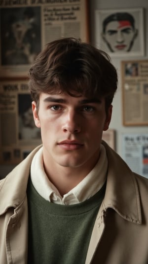 A cinematic film shot of a young man with a calm, introspective expression. He has a classic 1960s French New Wave vibe, evoking the style of vintage film stills. The lighting is soft and muted, casting gentle shadows on his face, and capturing subtle details. His hair is slightly disheveled, with a single lock falling over his forehead. He wears a minimalist, classic outfit, a green sweater over a cream coat with a white scarf around his neck, adding to the character’s quiet, intellectual aura. In the background, a retro wall features French newspapers and dramatic artwork, one depicting a sketchy face with bold strokes and red accents. The entire scene has a muted color palette, emphasizing earthy and neutral tones, with an authentic grainy texture that reflects the aesthetic of classic French films. The whole look of the image is a reminisce of films directed by Jean-Luc Godard.