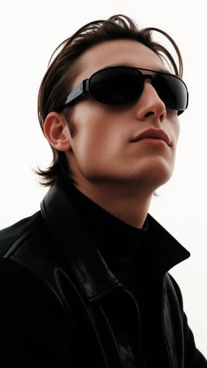 Captured in a low-angle shot, a photorealistic photograph of a young man adorned with a pair of black futuristic sunglasses, his black hair cascades over his shoulders, adding a pop of color to the otherwise monochromatic scene. He's wearing a black long-sleeved turtleneck shirt. His skin is very pale, blushed cheeks, and lean body. The backdrop is a stark white, creating a stark contrast to the man's attire. The fashion image is reminisce of those magazine from the 1990s that photographed by Steven Miesel. Calvin Klein ad. 