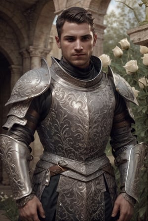 white knight: a handsome man in a High Gothic silver metal plate armor in a beautiful ornemental, ethereal, holy, shiny, youthful, pale skin, short black hair, thick eyebrows, soft, mythology, medieval, fantasy, young, alpha male, hot, masculine, manly, dark fantasy, 80s fantasy, high fantasy, white armor, defined jawline, crooked nose, hot, outdoors (in a grassland filled with white roses and ruins), medieval armor, art by wlop, handsome male, facing in front (portrait close-up), renaissance painting, realistic, photorealistic, 8k, white cinematic lighting, hades armor, very dramatic, European man, soft aesthetic, innocent