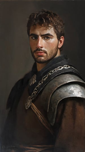 a burly young handsome hunter, blacksmith, farmer, dark age, (((marlon teixera))), peasant, short brown hair, outdoors (forest), ethereal, shiny, youthful, dirty, caucasian, battle axe, facial hair, face scars, thick eyebrows, soft, mythology, medieval, fantasy, young, alpha male, battle axe, hot, masculine, manly, dark fantasy, 80s fantasy, high fantasy, rag clothes, rust metal armor, defined jawline, crooked nose, hot, hairy, medieval armor, art by wlop, handsome male, facing in front, portrait close-up, renaissance painting, game of thrones, skyrim, elder scrolls, GQ, breton, Imperial

8k, cinematic lighting, very dramatic, very artistic, soft aesthetic, innocent, art by john singer sargent, greg rutkowski, oil painting, Camera settings to capture such a vibrant and detailed image would likely include: Canon EOS 5D Mark IV, Lens: 85mm f/1.8, f/4.0, ISO 100, 1/500 sec,hdsrmr