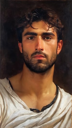 Middle eastern warrior man, arab, pakistani, Nature god, eros, hunter god, Handsome male, god of war, warrior, Ares, iranian, persian Mythology, greek mythology, teen, thick eyebrows, Perseus, ethereal god, shiny, oil painting, Renaissance art, wearing fur robe, spear, gladiator, hercules, very hairy, body hair, bear man, (outdoors: forest, jungle, ruins), arabian nights, (((ancient round yard))), ((high grass mountains and white clouds)), is build above the clouds, realistic environment, shining glow,(((Niji5))), (((Niji3))), prompto argentum face, r1ge, medieval art, niji, gq, greek, close-up portrait, revealing, chest hair, royalty, dirty, evil, victorean era, manly, burly, hairy, youthful, facial hair, 18 years old, envious, villain, tanned skin, defined jawline, hot, mature, lustful, masculine, mythology, medieval, fantasy, young, alpha male, high fantasy, art by wlop, facing in front, masterpiece, 

8k, cinematic lighting, very dramatic, very artistic, soft aesthetic, innocent, art by john singer sargent, greg rutkowski, oil painting, Camera settings to capture such a vibrant and detailed image would likely include: Canon EOS 5D Mark IV, Lens: 85mm f/1.8, f/4.0, ISO 100, 1/500 sec,pir4t4,cinematic style