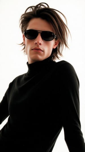 Captured in a low-angle shot, a photorealistic photograph of a young man adorned with a pair of black futuristic sunglasses, his black hair cascades over his shoulders, adding a pop of color to the otherwise monochromatic scene. He's wearing a black long-sleeved turtleneck shirt. His skin is very pale, blushed cheeks, and lean body. The backdrop is a stark white, creating a stark contrast to the man's attire. The fashion image is reminisce of those magazine from the 1990s that photographed by Steven Miesel. 