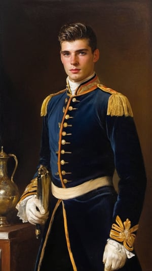 score_9, score_8_up, score_7_up, score_6_up, score_5_up, score_4_up, GQ, 8K image:

Max Verstappen, a majestic young prince from the Victorian Era, Rococo, and 1800s stands tall, his royal dark blue velvet regal style coat glistening in the soft light of an ethereal kingdom village. His handsome features are accentuated by cinematic lighting, with shadows defining his thick eyebrows, facial hair, and chest hair. His piercing gaze, framed by a defined jawline and crooked nose, radiates youthful energy, confidence, and lustful masculinity. At 16 years old, he exudes alpha male charm, as if ready to lead the Napoleonic War charge.

In this masterpiece of a portrait, he faces directly, his pale skin glowing with a subtle sheen. The camera captures every detail, from his shiny black hair to his royal commander attire, amidst an outdoor setting reminiscent of a Renaissance painting. The soft aesthetic and innocent charm evoke a sense of mythological fantasy, as if this young captain is destined for great deeds.

Art by John Singer Sargent, Greg Rutkowski, or Wlop would bring this stunning image to life, with camera settings mirroring those of a high-end oil painting: Canon EOS 5D Mark IV, Lens: 85mm f/1.8, f/4.0, ISO 100, and 1/500 sec.