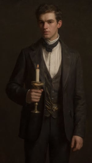 a neoclassical painting portrait of a young man in formal attire, captured in the dim light of a single candle. The style echoes the dramatic chiaroscuro technique, reminiscent of the Old Masters, with deep shadows framing the subject. The young man, standing in partial profile, holds an ornate brass candlestick with a wax candle lit in his right hand. His sharp, stoic gaze is fixed on the viewer, his expression both somber and contemplative. His attire is impeccably tailored: a dark leather suit with a high-collared white shirt, complemented by a vintage pocket watch chain and a black ribbon around his neck. The soft, flickering candlelight illuminates his face and hand, casting subtle shadows across his features and enhancing the rich textures of the fabric. The background is almost completely dark, ensuring that all focus remains on the subject and the warmth of the candle’s glow. The painting captures an air of mystery and elegance, blending classical techniques with modern sensibilities.. Oil painting art by John Singer Sargent, Greg Rutkowski, Edmund Blair Leighton, or Wlop would bring this stunning image to life. gq