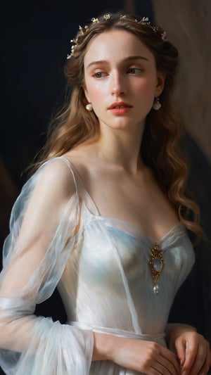 Ethereal Goddess of Beauty: long white wavy dress with nature and soft ornaments, fairly showing its beautiful skin. Pale skin, blushed cheeks, natural face, mythology, medieval, fantasy, young, pretty woman, high fantasy, art by wlop, facing in front (portrait close-up), renaissance painting, spectral woman with a (translucent appearance:1.3), Her form is barely tangible, with a soft glow emanating from her gentle contours, The surroundings subtly distort through her ethereal presence, casting a dreamlike ambiance

8k, cinematic lighting, very dramatic, very artistic, soft aesthetic, innocent, art by john singer sargent, greg rutkowski, oil painting, Camera settings to capture such a vibrant and detailed image would likely include: Canon EOS 5D Mark IV, Lens: 85mm f/1.8, f/4.0, ISO 100, 1/500 sec,hdsrmr,Movie Still,robert de niro,sad