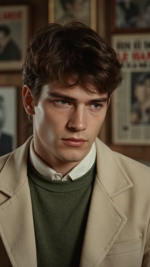 A cinematic film shot of a young man with a calm, introspective expression. He has a classic 1960s French New Wave vibe, evoking the style of vintage film stills. The lighting is soft and muted, casting gentle shadows on his face, and capturing subtle details. His hair is slightly disheveled, with a single lock falling over his forehead. He wears a minimalist, classic outfit, a green sweater over a cream coat with a white scarf around his neck, adding to the character’s quiet, intellectual aura. In the background, a retro wall features French newspapers and dramatic artwork, one depicting a sketchy face with bold strokes and red accents. The entire scene has a muted color palette, emphasizing earthy and neutral tones, with an authentic grainy texture that reflects the aesthetic of classic French films. The whole look of the image is a reminisce of films directed by Jean-Luc Godard.