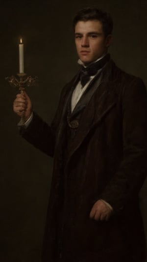 a neoclassical painting portrait of a young man in formal attire, captured in the dim light of a single candle. The style echoes the dramatic chiaroscuro technique, reminiscent of the Old Masters, with deep shadows framing the subject. The young man, standing in partial profile, holds an ornate brass candlestick with a wax candle lit in his right hand. His sharp, stoic gaze is fixed on the viewer, his expression both somber and contemplative. His attire is impeccably tailored: a dark leather suit with a high-collared white shirt, complemented by a vintage pocket watch chain and a black ribbon around his neck. The soft, flickering candlelight illuminates his face and hand, casting subtle shadows across his features and enhancing the rich textures of the fabric. The background is almost completely dark, ensuring that all focus remains on the subject and the warmth of the candle’s glow. The painting captures an air of mystery and elegance, blending classical techniques with modern sensibilities.. Oil painting art by John Singer Sargent, Greg Rutkowski, Edmund Blair Leighton, or Wlop would bring this stunning image to life. gq