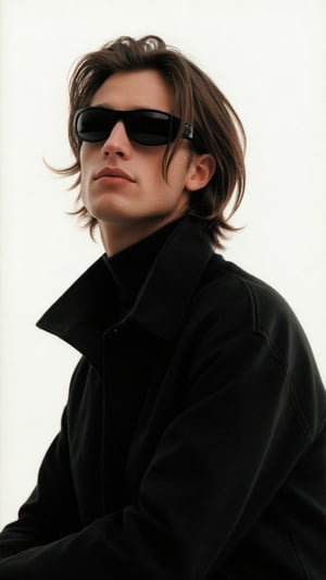 Captured in a low-angle shot, a photorealistic photograph of a young man adorned with a pair of black futuristic sunglasses, his black hair cascades over his shoulders, adding a pop of color to the otherwise monochromatic scene. He's wearing a black long-sleeved turtleneck shirt. His skin is very pale, blushed cheeks, and lean body. The backdrop is a stark white, creating a stark contrast to the man's attire. The fashion image is reminisce of those magazine from the 1990s that photographed by Steven Miesel. Calvin Klein ad. 