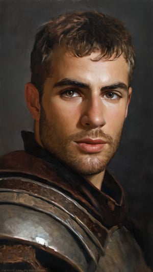 a burly young handsome hunter, blacksmith, dark age,(((marlon teixera))),paesant, short brown hair, outdoors (forest), ethereal, shiny, youthful, dirty, caucasian, battle axe, facial hair, thick eyebrows, soft, mythology, medieval, fantasy, young, alpha male, hot, masculine, manly, dark fantasy, 80s fantasy, high fantasy, rag clothes, rust metal armor, defined jawline, crooked nose, hot, hairy, medieval armor, art by wlop, handsome male, facing in front, portrait close-up, renaissance painting, game of thrones, skyrim, elder scrolls, GQ,

8k, cinematic lighting, very dramatic, very artistic, soft aesthetic, innocent, art by john singer sargent, greg rutkowski, oil painting, Camera settings to capture such a vibrant and detailed image would likely include: Canon EOS 5D Mark IV, Lens: 85mm f/1.8, f/4.0, ISO 100, 1/500 sec,hdsrmr