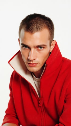 a photorealistic a pale young man, posing like a supermodel against a stark white backdrop. The man's head is angled slightly to the left, his eyes are a piercing blue, his eyebrows are bushy, and his hair is cut into a buzzcut. He is wearing a red tracksuit like a gabber from Eastern Europe. The detailed, realistic lighting accentuates his chiseled features, giving off hot vibes as he exudes confidence. The fashion image is reminisce of those magazine from the 1990s that photographed by Steven Miesel. Calvin Klein campaign ad.