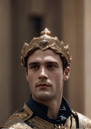 a young handsome prince wearing military royal outfit with armor, wearing a jeweled crown, ((young sean o pry)), outdoors (dark age, war setting, kingdom village), medieval hero, regal style coat, (royal commander attire:0.4), royalty, victorean era, ethereal, manly, hairy, chest hair, youthful, stubble, 18 years old, envious, shiny, heroic, pale skin, defined jawline, crooked nose, hot, captain, lustful, masculine, mythology, medieval, fantasy, young, alpha male, handsome male, high fantasy, art by wlop, facing in front (portrait close-up), renaissance painting, masterpiece, realistic, photorealistic, 8k, cinematic lighting, very dramatic, very artistic, soft aesthetic, innocent, art by john singer sargent, greg rutkowski,Masterpiece