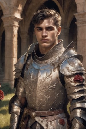 white knight: a handsome man in a High Gothic silver metal plate armor in a beautiful ornemental, ethereal, holy, shiny, youthful, pale skin, short black hair, thick eyebrows, soft, mythology, medieval, fantasy, young, alpha male, hot, masculine, manly, dark fantasy, 80s fantasy, high fantasy, white armor, defined jawline, crooked nose, hot, outdoors (in a grassland filled with roses and ruins), medieval armor, art by wlop, handsome male, facing in front (portrait close-up), renaissance painting, realistic, photorealistic, 8k, cinematic lighting, hades armor, very dramatic, European man, soft aesthetic, innocent