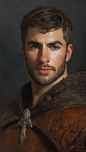 a burly young handsome hunter, blacksmith, farmer, dark age, (((marlon teixera))),paesant, short brown hair, outdoors (forest), ethereal, shiny, youthful, dirty, caucasian, battle axe, facial hair, thick eyebrows, soft, mythology, medieval, fantasy, young, alpha male, battle axe, hot, masculine, manly, dark fantasy, 80s fantasy, high fantasy, rag clothes, rust metal armor, defined jawline, crooked nose, hot, hairy, medieval armor, art by wlop, handsome male, facing in front, portrait close-up, renaissance painting, game of thrones, skyrim, elder scrolls, GQ,

8k, cinematic lighting, very dramatic, very artistic, soft aesthetic, innocent, art by john singer sargent, greg rutkowski, oil painting, Camera settings to capture such a vibrant and detailed image would likely include: Canon EOS 5D Mark IV, Lens: 85mm f/1.8, f/4.0, ISO 100, 1/500 sec,hdsrmr