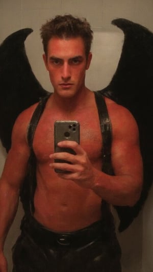 Create a painting mirror selfie image of a muscular young man with a sharp jawline and thick eyebrows. His skin is painted red, tattoos, and he has large black demon wings on his back along with pointed ears. The man is holding a phone in front of him, but ensure the phone is not covering his face. He stands confidently wearing black leather straps over his shoulders and dark leather pants. The setting is a tiled bathroom, making the character stand out. His facial expression is playful as he was about to go to a cool halloween party.