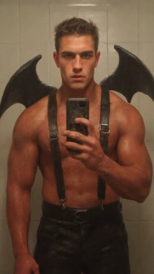 Create a painting mirror selfie image of a muscular young man with a sharp jawline and thick eyebrows. His skin is painted red, tattoos, and he has large black demon wings on his back along with pointed ears. The man is holding a phone in front of him, but ensure the phone is not covering his face. He stands confidently wearing black leather straps over his shoulders and dark leather pants. The setting is a tiled bathroom, making the character stand out. His facial expression is playful as he was about to go to a cool halloween party.