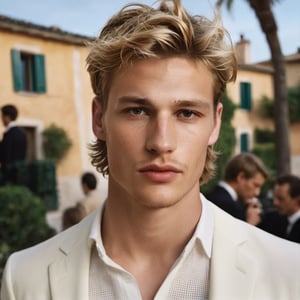 GQ, handsome italian teen man in a party, 2000s, thick eyebrows, defined jawline, crooked nose, mature, 19 years old, slender, punk, stubble, scruffy face, hot, strawberry blonde hair, youthful, boy band, Masterpiece, male model, photography, european, fashion editorial, menswear, Portrait, seductive pose, Mike Faist, Gabriel Aubry, Matheo Renoir, calvin klein, chuck greene, men's magazine, fashion campaign, photography by Hugo Comte, 

8k, cinematic lighting, very dramatic, very artistic, soft aesthetic, innocent, realistic, masterpiece, Camera settings to capture such a vibrant and detailed image would likely include Canon EOS 5D Mark IV, Lens 85mm f/1.8, f/4.0, ISO 100, 1/500 sec,hdsrmr, cinema verite, film still, ((perfect anatomy): 1.5), best resolution, maximum quality, UHD, life with detail, analog, cinematic moviemaker style