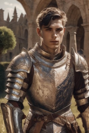 white knight: a handsome man in a High Gothic plate metal armor in a beautiful ornemental, ethereal, holy, shiny, youthful, pale skin, short black hair, thick eyebrows, soft, mythology, medieval, fantasy, young, alpha male, hot, masculine, manly, dark fantasy, 80s fantasy, high fantasy, white armor, defined jawline, hot, outdoors (in a grassland filled with roses and ruins), medieval armor, art by wlop, handsome male, facing in front (portrait close-up), renaissance painting, realistic, photorealistic, 8k, cinematic lighting, hades armor, very dramatic, European man, soft aesthetic, innocent