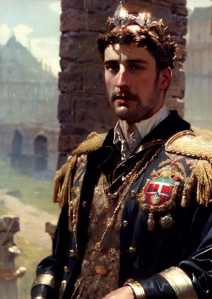 a young handsome prince wearing italian military royal outfit with armor and a crown, medieval hero, regal style coat, (traditional italian attire:0.4), royalty, victorean era, ethereal, manly, hairy, chest hair, youthful, stubble, 18 years old, envious, shiny, heroic, tanned skin, defined jawline, crooked nose, hot, captain, lustful, masculine, spanish, portuguese, mythology, medieval, fantasy, young, alpha male, handsome male, high fantasy, art by wlop, facing in front (portrait close-up), renaissance painting, masterpiece, realistic, photorealistic, 8k, cinematic lighting, very dramatic, very artistic, soft aesthetic, innocent, outdoors (dark age, war setting, kingdom village), art by john singer sargent, greg rutkowski ,oil painting,classic painting
