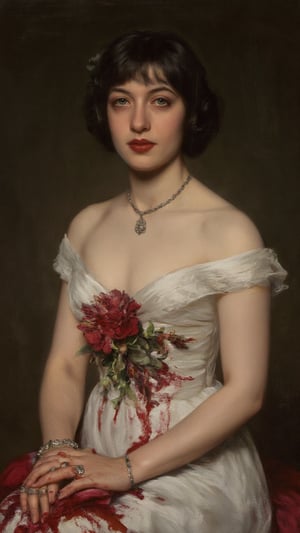 A painting depicting a modern punk goth vampire woman in a white silk sleeveless dress, adorned with a red flower and soaked with red liquid. The woman's hair is styled in a sleek bob with bangs, and she is wearing a silver necklace. Her plum lips are painted a deep red, her eyes are a piercing blue, and her skin is very pale and white. Looking like that she's the daugther of dracula. There's a red liquid dripping from her mouth. Her hands are adorned with silver rings, and bracelets, adding a touch of charm to her dress. The backdrop is a neutral dark color, adding some scary horror factor. The soft brushwork and dark color palette give it a classic, yet contemporary 2000s feel. Oil painting art by John Singer Sargent, Greg Rutkowski, Edmund Blair Leighton, or Wlop would bring this stunning image to life.,Bl00d 