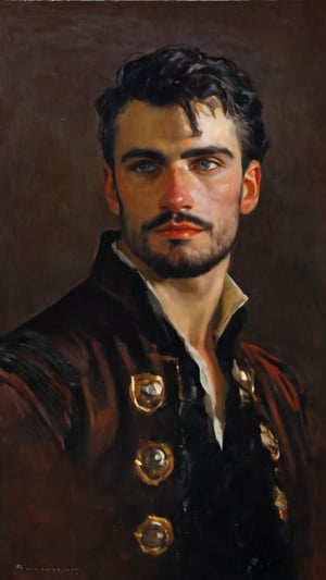 a young handsome evil sleazy hairy pirate, outdoors (dark age, ocean, ship setting), english pirate, sea captain, dark shabby red style coat, Captain hook, gypsy, spanish, conquistador, shirt open, revealing, chest hair, royalty, dirty, evil, victorean era, ethereal, manly, hairy, chest hair, youthful, stubble, 18 years old, envious, shiny, villain, pale skin, defined jawline, crooked nose, hot, captain, lustful, masculine, mythology, medieval, fantasy, young, alpha male, handsome male, high fantasy, art by wlop, facing in front ,portrait close-up, renaissance painting, masterpiece, max bogoss

8k, cinematic lighting, very dramatic, very artistic, soft aesthetic, innocent, art by john singer sargent, greg rutkowski, oil painting, Camera settings to capture such a vibrant and detailed image would likely include: Canon EOS 5D Mark IV, Lens: 85mm f/1.8, f/4.0, ISO 100, 1/500 sec,pir4t4,cinematic style
