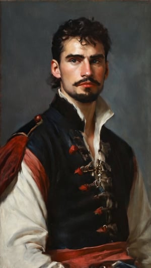 a young handsome evil sleazy hairy pirate, outdoors (dark age, ocean, ship setting), english pirate, sea captain, dark shabby red style coat, Captain hook, gypsy, spanish, conquistador, shirt open, revealing, chest hair, royalty, dirty, evil, victorean era, ethereal, manly, hairy, chest hair, youthful, stubble, 18 years old, envious, shiny, villain, pale skin, defined jawline, crooked nose, hot, captain, lustful, masculine, mythology, medieval, fantasy, young, alpha male, handsome male, high fantasy, art by wlop, facing in front ,portrait close-up, renaissance painting, masterpiece, max bogoss

8k, cinematic lighting, very dramatic, very artistic, soft aesthetic, innocent, art by john singer sargent, greg rutkowski, oil painting, Camera settings to capture such a vibrant and detailed image would likely include: Canon EOS 5D Mark IV, Lens: 85mm f/1.8, f/4.0, ISO 100, 1/500 sec,pir4t4,cinematic style