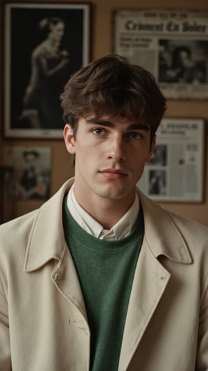 A cinematic film shot of a young man with a calm, introspective expression. He has a classic 1960s French New Wave vibe, evoking the style of vintage film stills. The lighting is soft and muted, casting gentle shadows on his face, and capturing subtle details. His hair is slightly disheveled, with a single lock falling over his forehead. He wears a minimalist, classic outfit, a green sweater over a cream coat with a white scarf around his neck, adding to the character’s quiet, intellectual aura. In the background, a retro wall features French newspapers and dramatic artwork, reminiscent of avant-garde cinema. The entire scene has a muted color palette, emphasizing earthy and neutral tones, with an authentic grainy texture that reflects the aesthetic of classic French films.