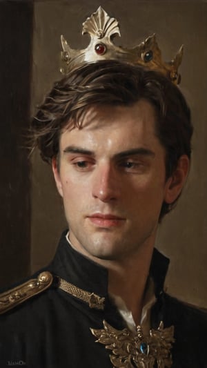 a young handsome prince wearing military royal outfit with armor, wearing a jeweled crown, ((sean o pry)), outdoors (dark age, war setting, kingdom village), medieval hero, regal style coat, (royal commander attire:0.4), royalty, victorean era, ethereal, manly, hairy, chest hair, youthful, stubble, 18 years old, envious, shiny, heroic, pale skin, defined jawline, crooked nose, hot, captain, lustful, masculine, mythology, medieval, fantasy, young, alpha male, handsome male, high fantasy, art by wlop, facing in front (portrait close-up), renaissance painting, masterpiece

8k, cinematic lighting, very dramatic, very artistic, soft aesthetic, innocent, art by john singer sargent, greg rutkowski, oil painting, Camera settings to capture such a vibrant and detailed image would likely include: Canon EOS 5D Mark IV, Lens: 85mm f/1.8, f/4.0, ISO 100, 1/500 sec