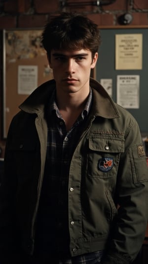 A gritty, 1970s New York-inspired scene capturing the iconic atmosphere of Martin Scorsese’s Taxi Driver. A young man stands in a dimly lit room with a pensive, brooding expression, exuding a rough and rebellious vibe. He wears a worn bomber jacket with a military patch over a faded plaid shirt, emphasizing his rugged, outsider appearance. Behind him, the setting is gritty and industrial, with a bulletin board filled with worn papers and yellowed, outdated notices on a brick wall. The lighting is moody and subdued, casting shadows that highlight the character’s troubled, isolated demeanor. The entire scene has a grainy, vintage texture, bringing out the bleak yet cinematic feel of 1970s New York, where themes of loneliness and inner conflict come to life.