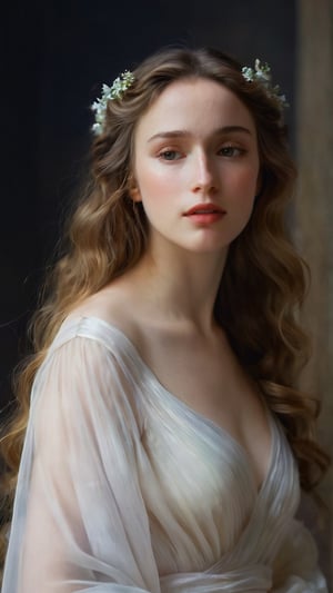 Ethereal Goddess of Beauty: long white wavy dress with nature and soft ornaments, fairly showing its beautiful skin. Pale skin, blushed cheeks, natural face, mythology, medieval, fantasy, young, pretty woman, high fantasy, art by wlop, facing in front (portrait close-up), renaissance painting, spectral woman with a (translucent appearance:1.3), Her form is barely tangible, with a soft glow emanating from her gentle contours, The surroundings subtly distort through her ethereal presence, casting a dreamlike ambiance

8k, cinematic lighting, very dramatic, very artistic, soft aesthetic, innocent, art by john singer sargent, greg rutkowski, oil painting, Camera settings to capture such a vibrant and detailed image would likely include: Canon EOS 5D Mark IV, Lens: 85mm f/1.8, f/4.0, ISO 100, 1/500 sec,hdsrmr,Movie Still,robert de niro,sad